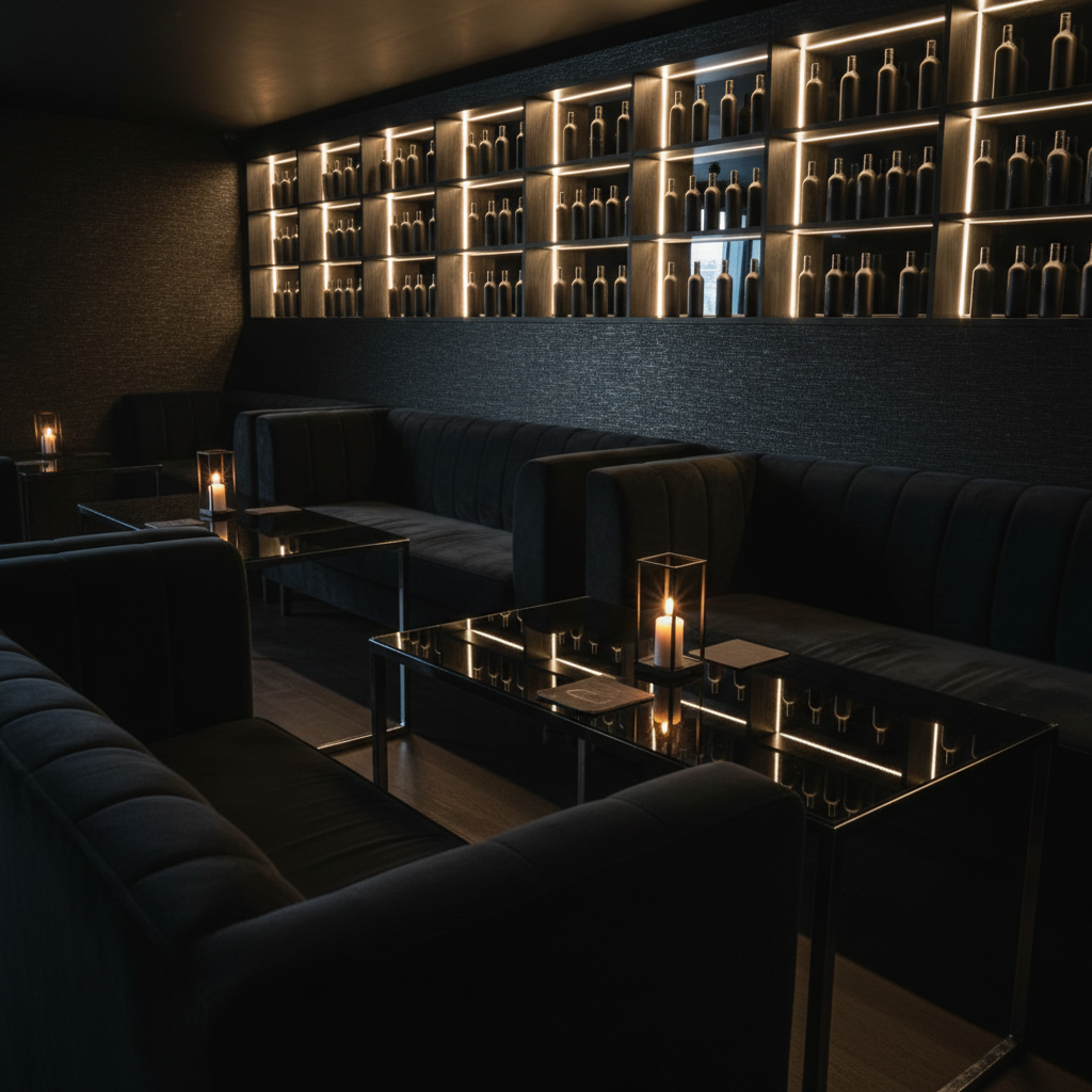 A quiet, after-hours scene in Asylum Windsor’s lounge area, designed as a retreat from the pounding dance floor. Deep charcoal velvet banquettes and low obsidian-glass tables form intimate clusters against a backdrop of dark, textured walls with subtle metallic veins. On the tables, minimalist geometric candleholders contain flickering LED flames, casting soft golden reflections into glossy black drink coasters and chrome edge details. Behind the seating, a long backlit shelving installation displays rows of empty, matte black bottles and mirrored panels instead of logos or labels. Photographic realism with soft, low, moody lighting and selective pools of warmth amid shadow. Captured from a slightly elevated three-quarter angle, emphasizing cozy arrangements and creating a sophisticated, adult, yet slightly haunted atmosphere.