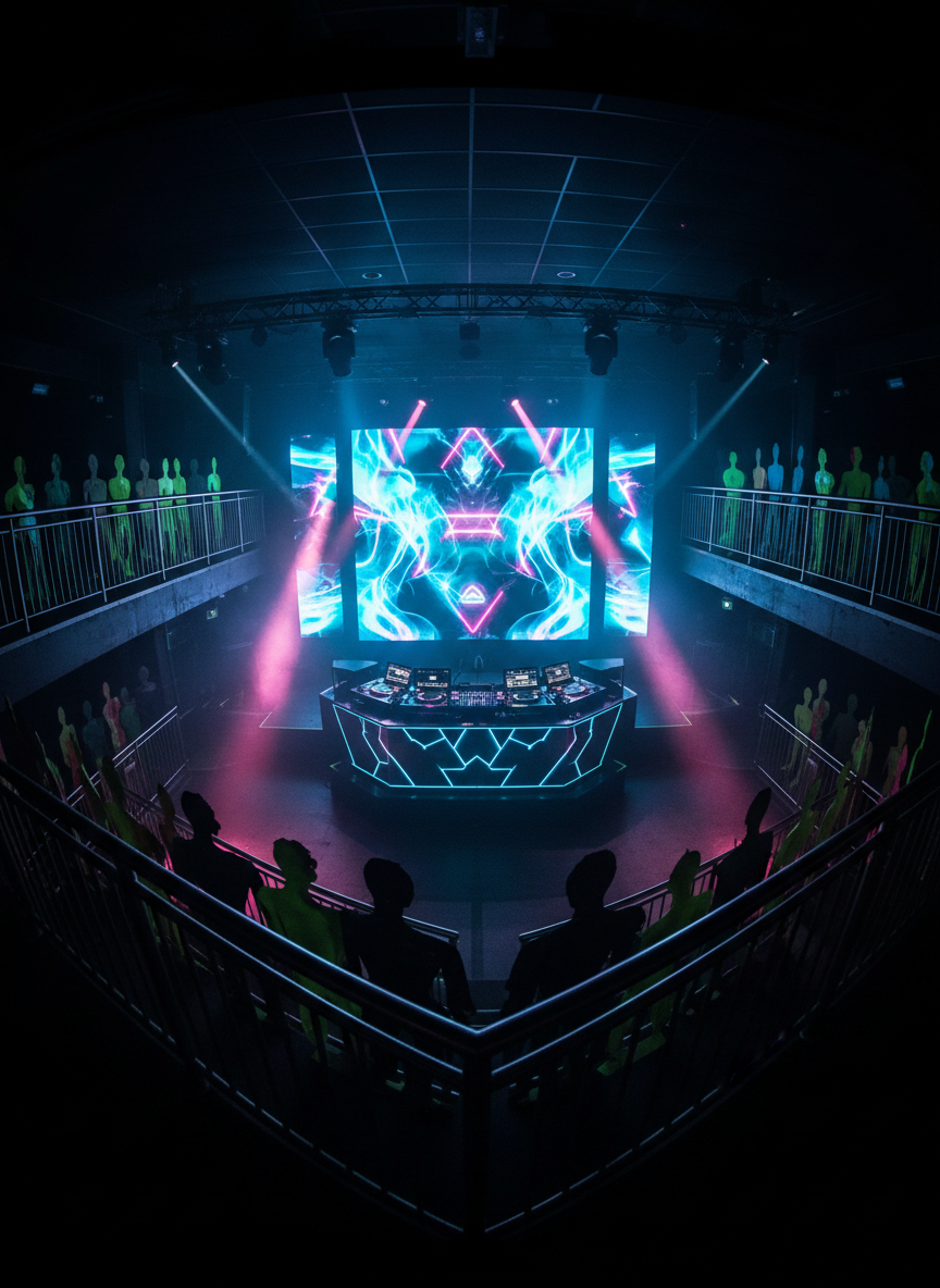 A high, panoramic photographic view of the Asylum Windsor main room, focusing on the stage and DJ platform as the visual heart of the dance club. The DJ console is a sleek, angular slab of black glass and brushed gunmetal, packed with glowing control surfaces and waveform displays. Behind it, a towering LED wall shows abstract, shifting patterns of swirling smoke and neon shapes instead of any text or faces. Surrounding balconies and platforms hold abstract, sculptural silhouettes suggesting where diverse attendees might gather without depicting people. Dynamic beams of white, magenta, and cyan light slice through atmospheric haze. Shot in photographic realism from a raised balcony corner, with dramatic contrast and pockets of darkness that emphasize the venue’s dark personality.