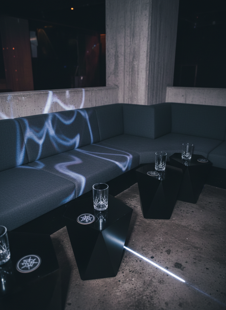 A photographic realism image of a secluded chill-out corner at Asylum Windsor, designed for adult club-goers to decompress between sets. A low, sprawling modular sofa in deep graphite fabric wraps around a corner beneath a looming concrete pillar, its surface dappled with shifting patterns of soft blue and violet light from a nearby hidden projector. A cluster of angular, black resin side tables hold empty, heavy-cut crystal tumblers and coasters emblazoned only with abstract sigils instead of logos. The concrete floor beneath is scarred and stained, glinting faintly where a stray beam of white light catches it. Captured from a low, intimate angle with a shallow depth of field, the background dissolves into dark abstraction, creating a hushed, cocoon-like, yet unmistakably nocturnal atmosphere.