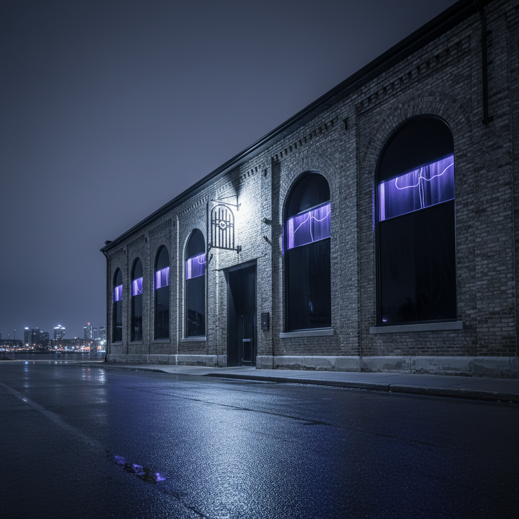 A dramatic, photographic exterior night scene of the Asylum Windsor venue, set on a quiet urban street near the riverfront. The building is a repurposed brick warehouse with its original arched windows blacked out from within, save for faint veins of purple and blue light leaking around heavy blackout curtains. A minimalist, unlit metal sign in the shape of a stylized asylum gate hangs above a recessed doorway, while concealed uplights bathe the rough brick façade in cold, slate-gray illumination. The surrounding street is slick from recent rain, reflecting the building’s sparse lighting in fragmented glimmers. Captured from a low, wide-angle perspective, with the venue dominating the frame and distant Windsor skyline hints blurred in the background. The atmosphere is secretive, dark, and distinctly adult, suggesting a hidden nightlife institution.