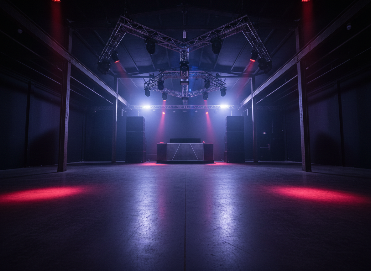 A cavernous underground dance floor inside an industrial Windsor warehouse converted into a club, empty of people yet charged with anticipation. Matte black walls, exposed steel beams, and a polished concrete floor subtly reflect slashes of deep crimson and ultraviolet light from overhead fixtures. A massive, sculptural DJ booth of dark brushed metal dominates the far wall, with towering, faceless speaker stacks like monoliths. Wisps of artificial fog curl around geometric lighting trusses. Photographic realism, shot from a low, wide-angle perspective that exaggerates the height of the ceiling and depth of the room. Harsh, directional lighting carves long shadows, creating a moody, ominous atmosphere that suggests adult-nightlife energy without showing any human figures.