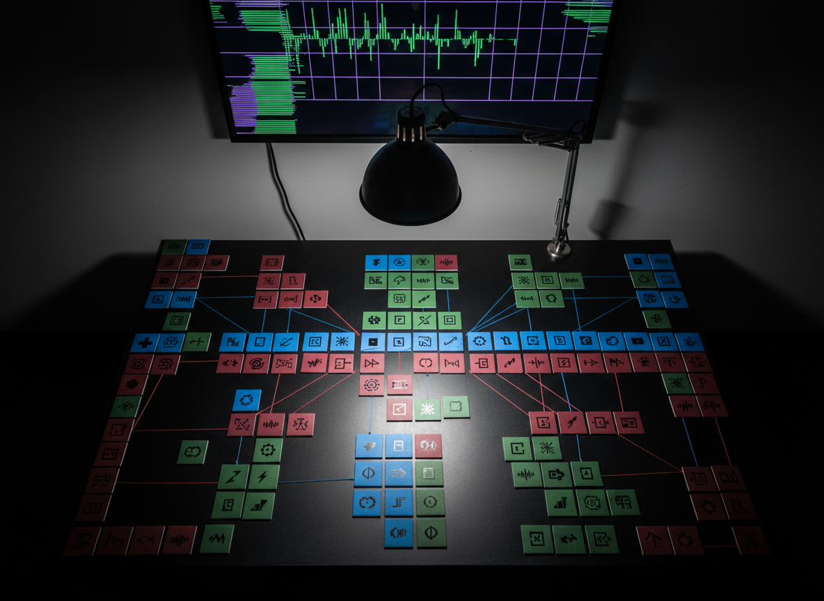 An overhead, photographic view of a planning table inside Asylum Windsor’s back office, visualizing event information and scheduling without readable text. A large, matte-black tabletop is covered with neatly arranged, color-coded cards and tiles, each bearing abstract symbols and icon-like shapes instead of words. Thin red and blue string connects some tiles in branching paths, hinting at timelines and lineups. A sleek, dark metal desk lamp pools cool white light in the center, fading to deep shadow at the edges. A wall-mounted digital display in the background shows blurred, glitchy bars and grids representing a calendar, again with no legible text. The composition is crisp and organized, shot from directly above, with a mood that is methodical yet infused with the same dark, underground energy as the club itself.