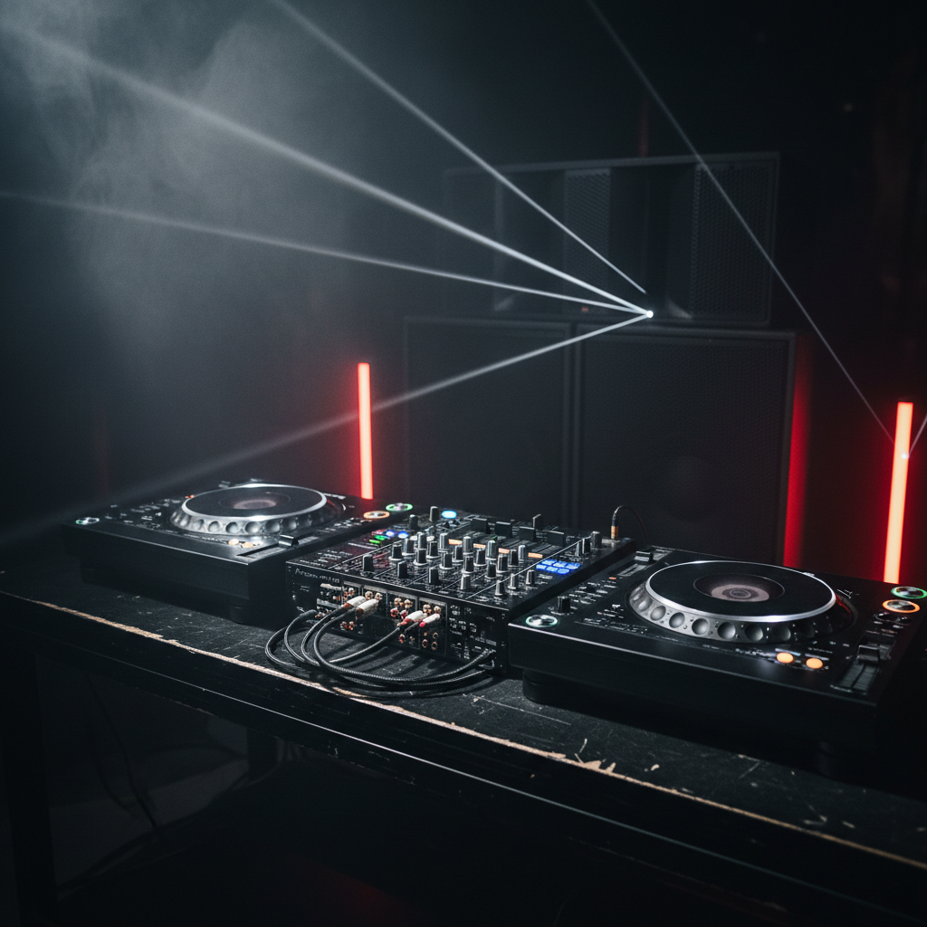 A detailed close-up of the Asylum Windsor DJ zone, focusing on the hardware and lighting rather than performers. In the foreground, a pair of high-end, matte black turntables with subtle chrome accents rest on a scratched but polished black metal surface, cables snaking neatly into the shadows. Multi-colored LED indicators glow along a central mixer, casting tiny reflections into the brushed metal. Behind, towering subwoofers and mid-range cabinets loom in partial silhouette, their protective grills catching the faint red glow of nearby light bars. Thin beams of cold white light slash diagonally through hanging fog, creating shafts of brightness in an otherwise nearly black space. Photographic realism, shallow depth of field, with the mood intense, technical, and immersive, evoking the raw power of the club’s sound system.