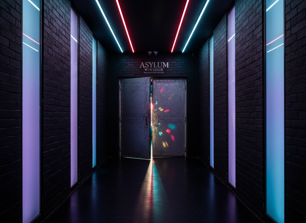 An atmospheric entrance corridor to Asylum Windsor, designed like a modern gothic tunnel leading into a hidden dance club. The narrow hallway is lined with textured black brick and occasional insets of frosted glass panels glowing with muted purple and electric blue light from within. A heavy, industrial steel door at the far end is slightly ajar, spilling a sliver of intense strobe-lit color onto the dark, matte floor. Overhead, linear LED strips in blood-red and icy white create a pulse-like rhythm down the ceiling. Photographic realism, captured from a centered, eye-level angle with deep focus that draws the eye toward the door. The mood is mysterious and darkly inviting, promising underground events and late-night schedules beyond.